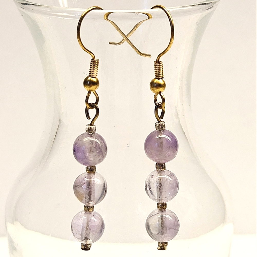 Simple Round Purple Amethyst Beaded Dangle Earrings